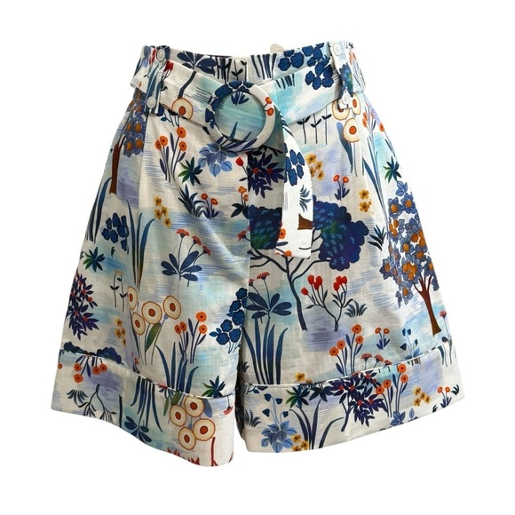 Tara Jarmon NWT Belted Shelby 100% Cotton Blue Floral Printed High Waist Shorts - Picture 9 of 16